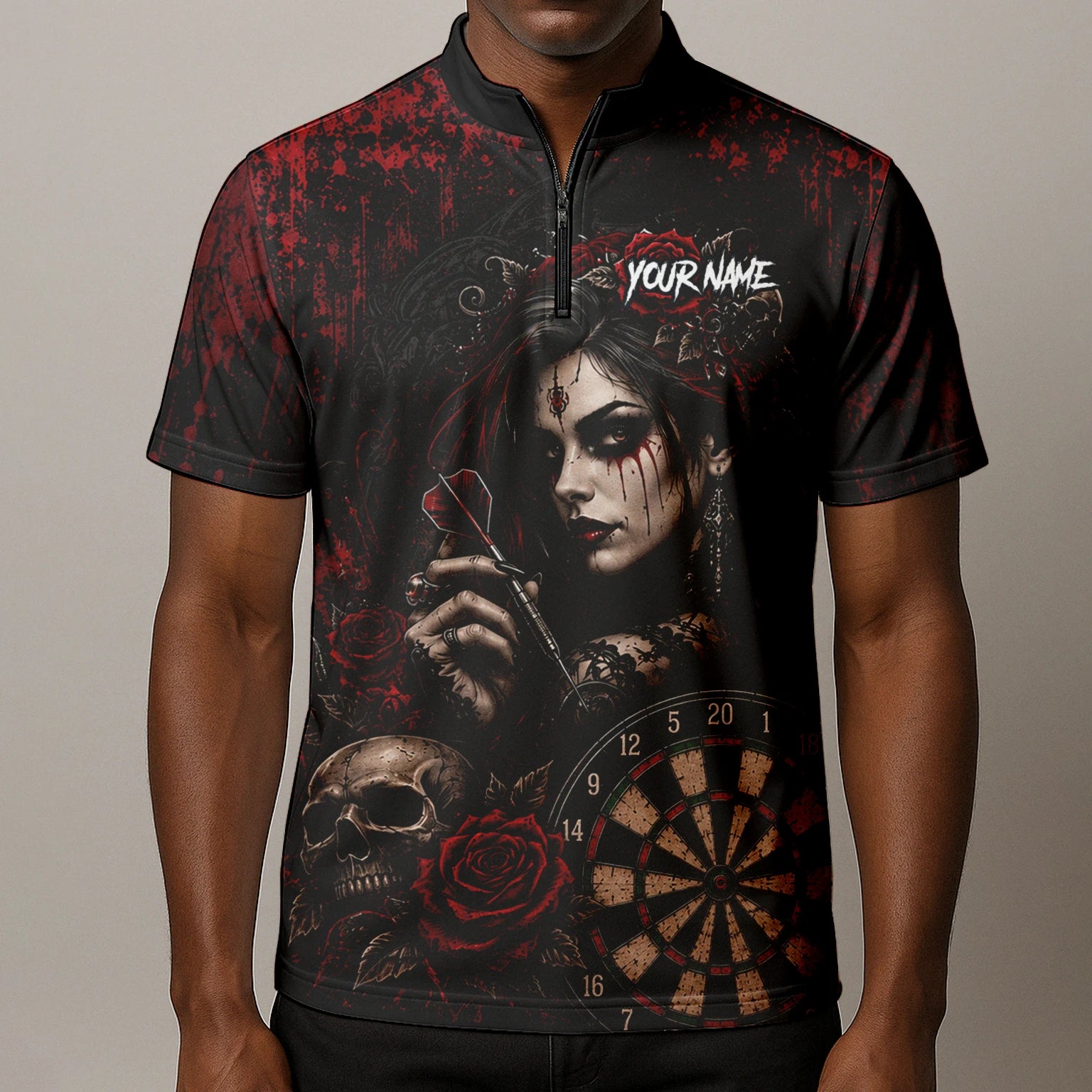 Personalisiertes Schwarz-rotes Gothic-Frauen-Totenkopf-Dartshirt für Herren W035