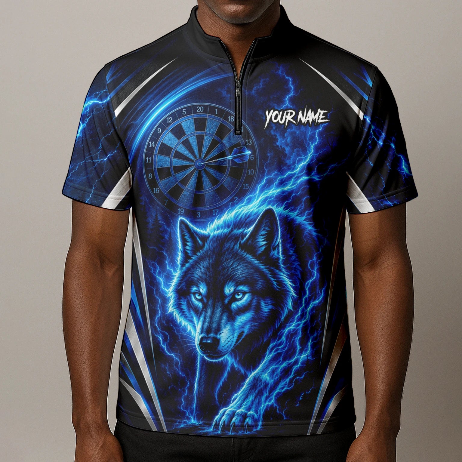 Personalisiertes Schwarz-blaues Wolf-Blitz-Dartshirt für Herren X929