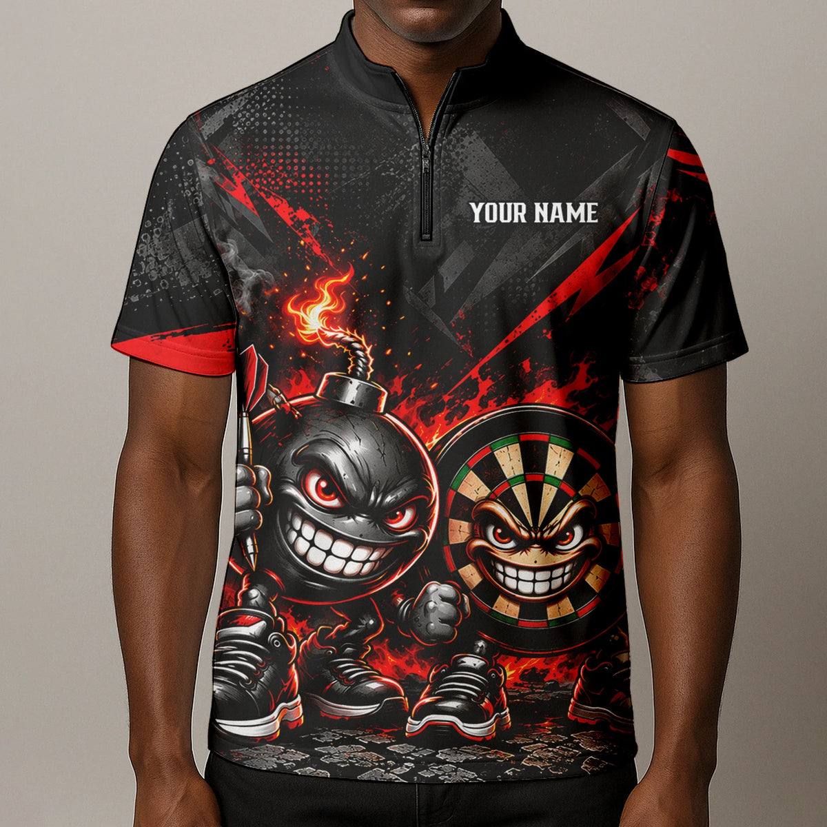 Personalisiertes Dartshirt in Schwarz und Rot mit feurigen Comic-Bomben und Dartscheibe für Herren U4656