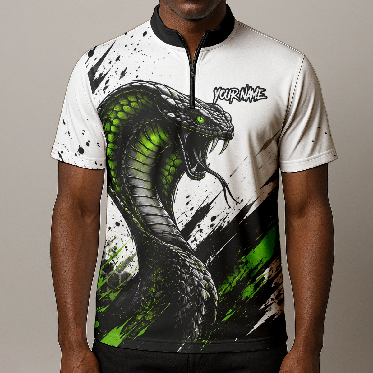 Personalisiertes Dartshirt mit weiß-schwarz-grüner Kobra für Herren Y070