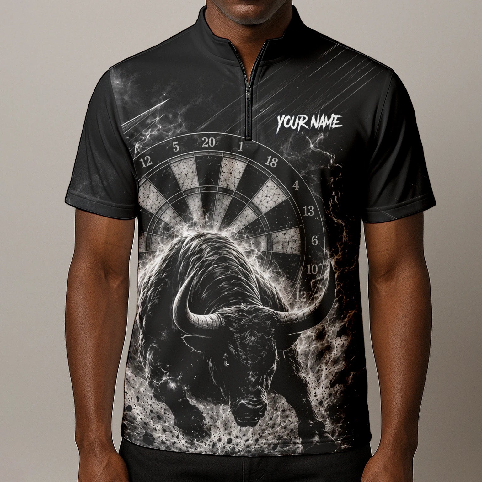 Personalisiertes Schwarz-weißes Stierkopf-Dartshirt für Herren V420