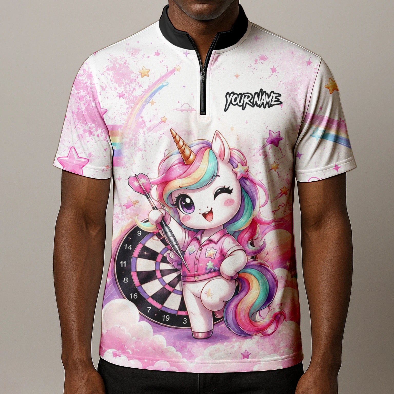 Personalisiertes Weiß-rosa Regenbogen-Einhorn-Dartshirt für Herren F188