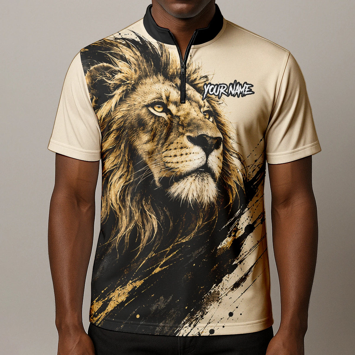 Personalisiertes Dartshirt mit creme-schwarz-goldenem Löwen für Herren Q209