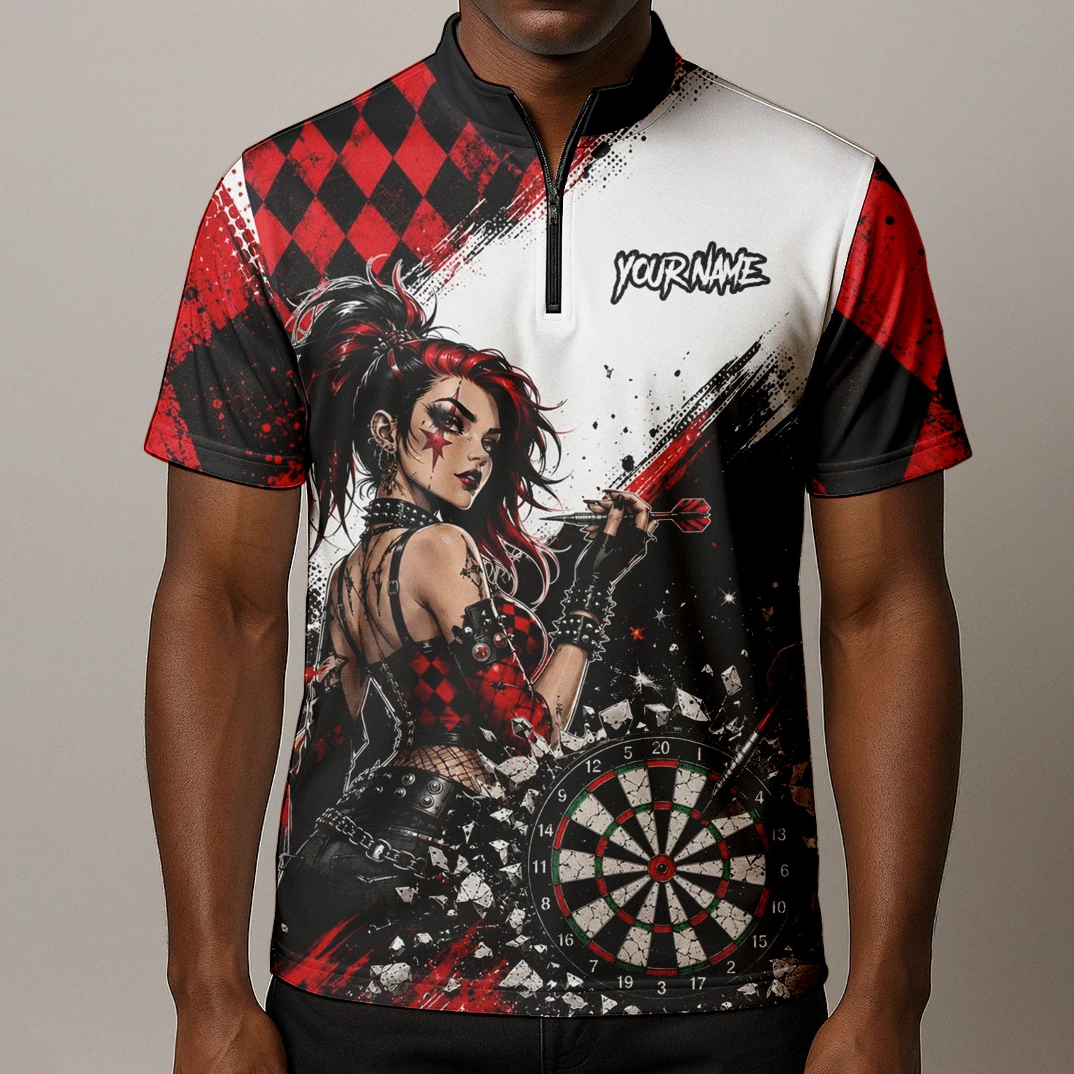 Personalisiertes Rot-schwarzes Gothic-Harlekin Dart Poloshirt für Herren K572