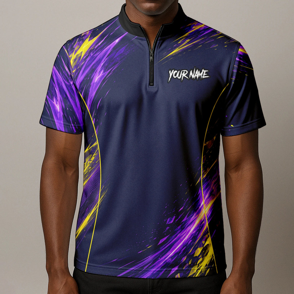 Personalisiertes Dartshirt mit dunkelblau-lila-gelbem abstraktem Design für Herren D517