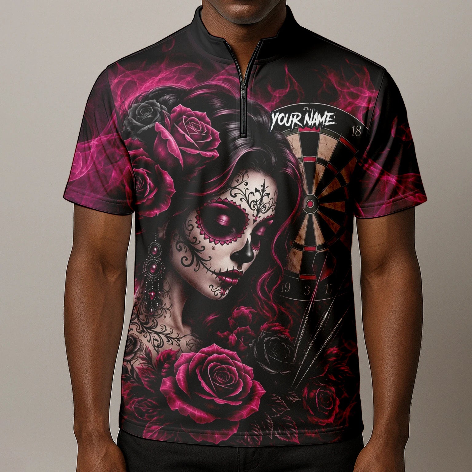 Personalisiertes Schwarz-pink Sugar-Skull-Rosen-Dartshirt für Herren Z109