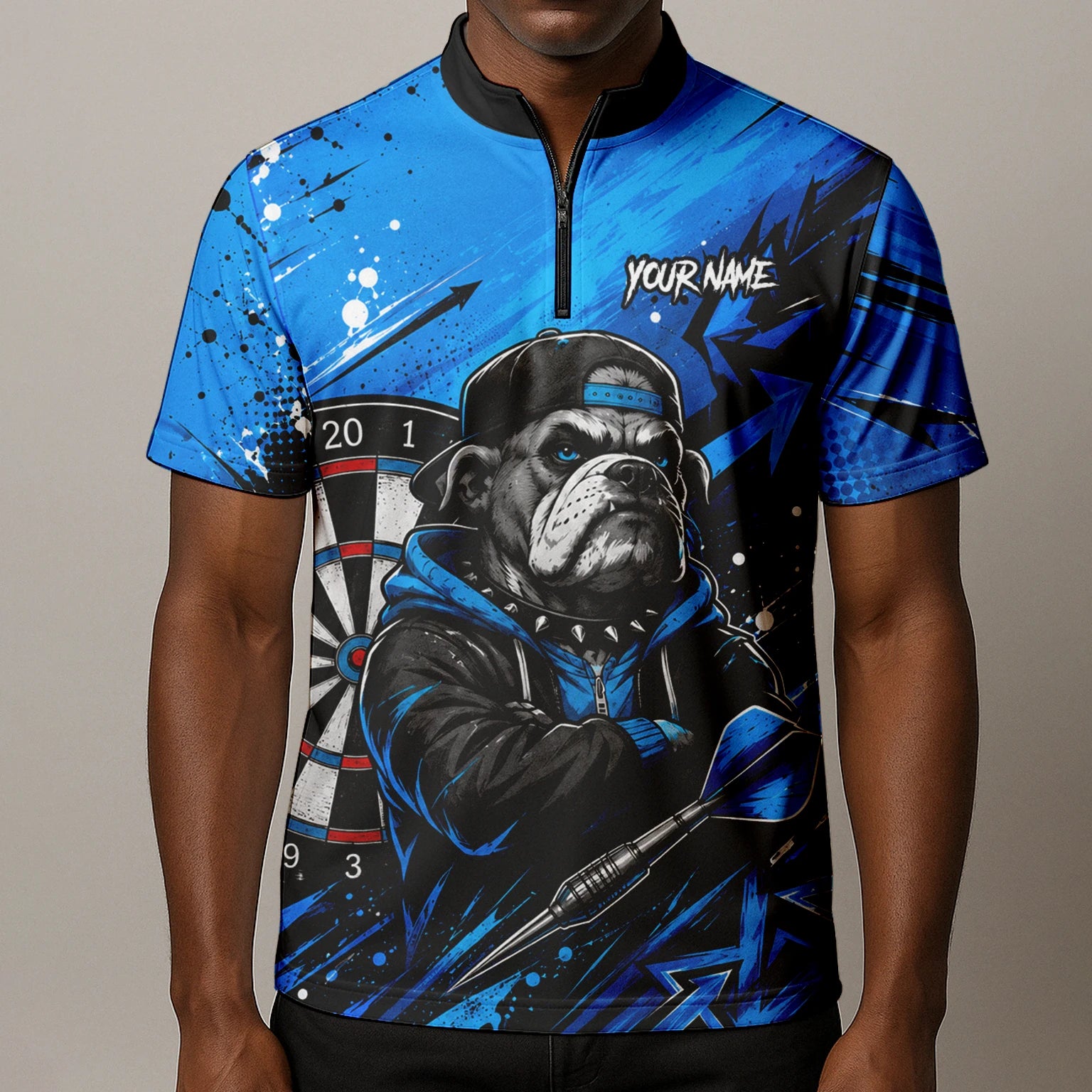 Personalisiertes Blau-schwarzes Bulldoggen-Dartshirt für Herren D529