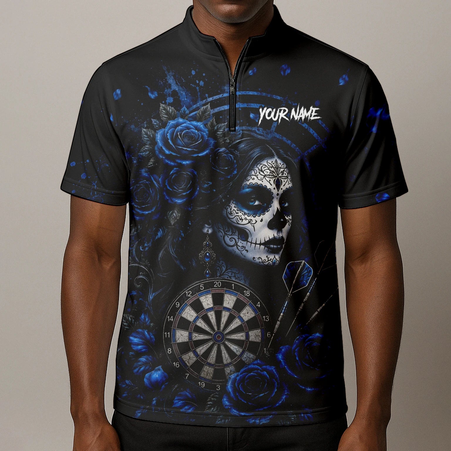 Personalisiertes Schwarz-blaues Sugar-Skull-Rosen-Dartshirt für Herren I884