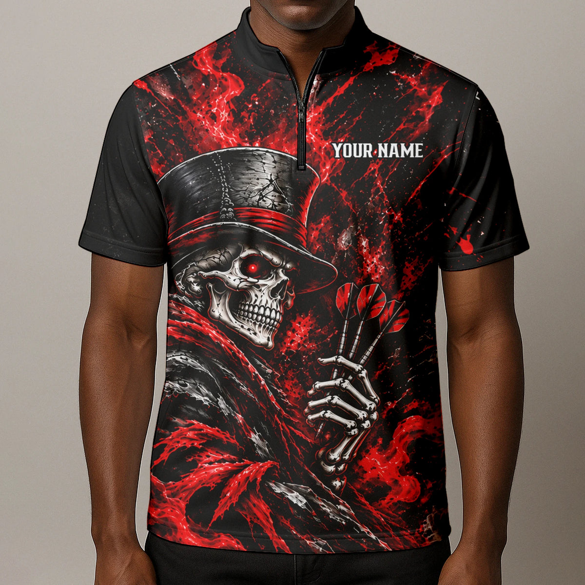 Personalisiertes Dartshirt in Schwarz und Rot mit Skelett, Zylinder, Dartpfeilen und Dartscheibe für Herren R5016