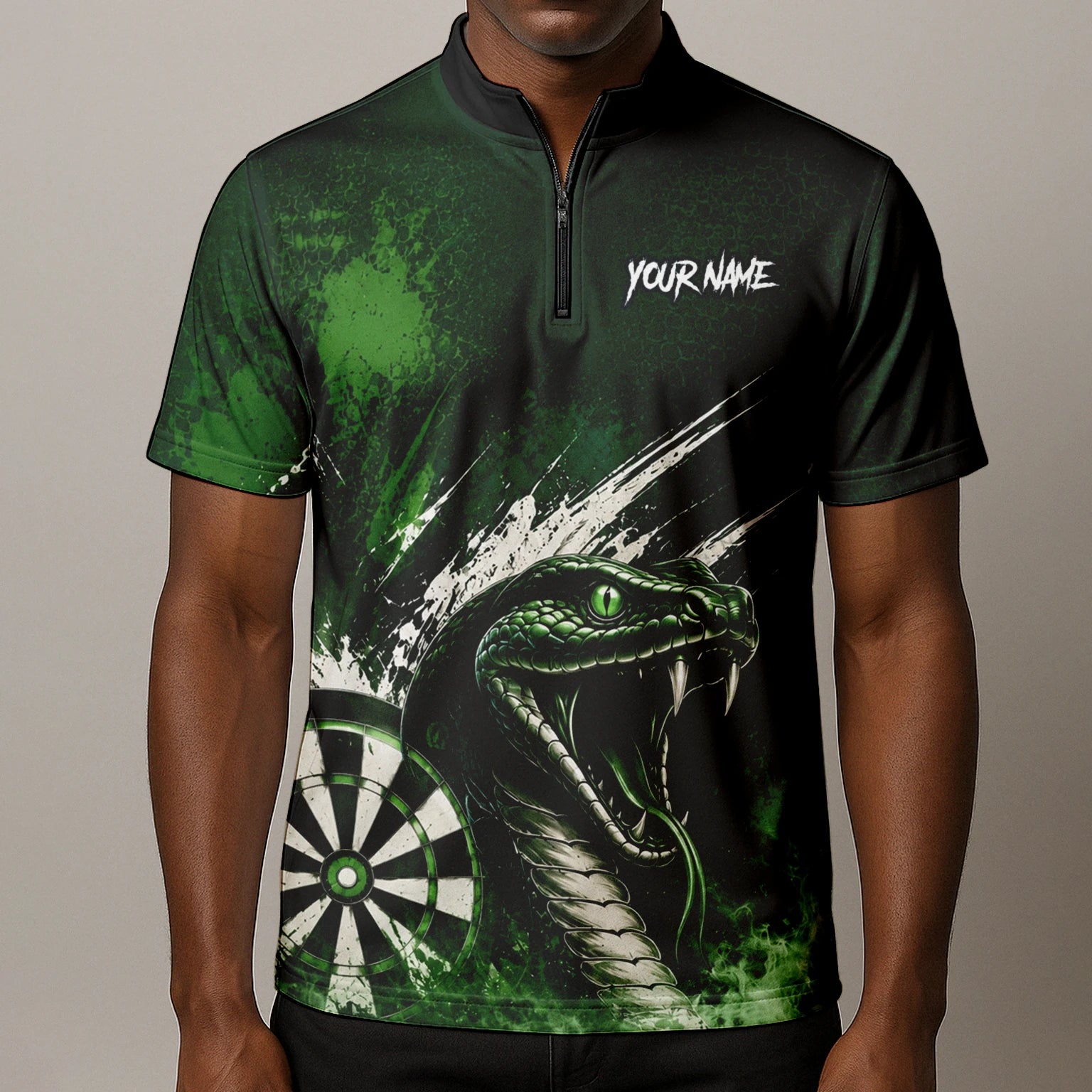 Personalisiertes Grün-schwarzes Kobra-Dartboard Dartshirt für Herren M244