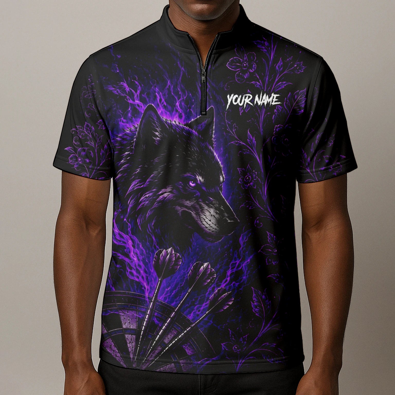 Personalisiertes Schwarz-lila Wolf-Dartboard Dartshirt für Herren J133