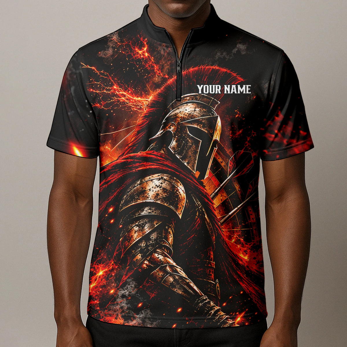 Personalisiertes Dartshirt in Schwarz, Rot und Orange mit Spartanerhelm, Flammen und Dartscheibe für Herren Z3444