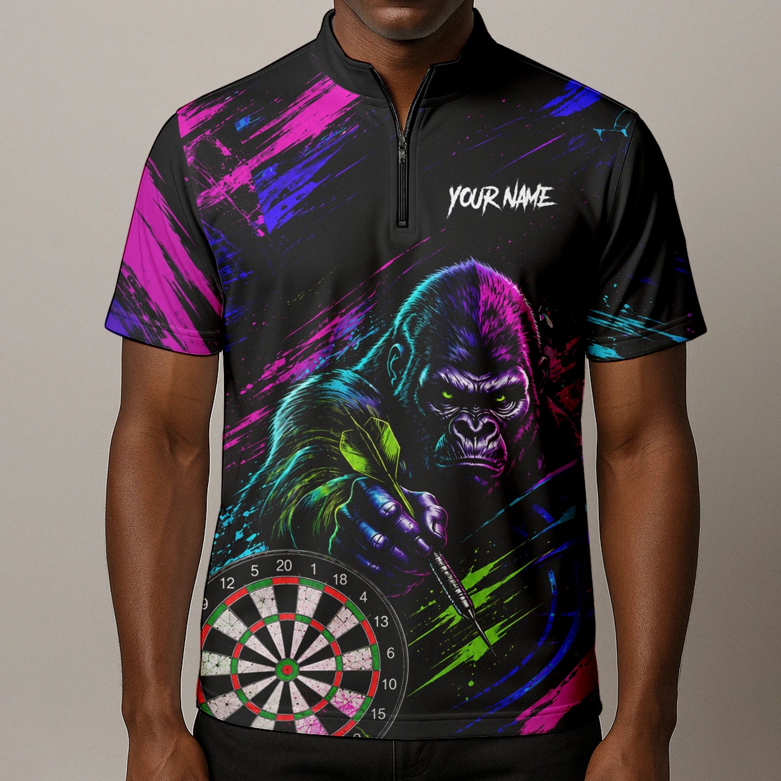 Personalisiertes Schwarz-pink-lila Gorilla-Dartshirt für Herren U874
