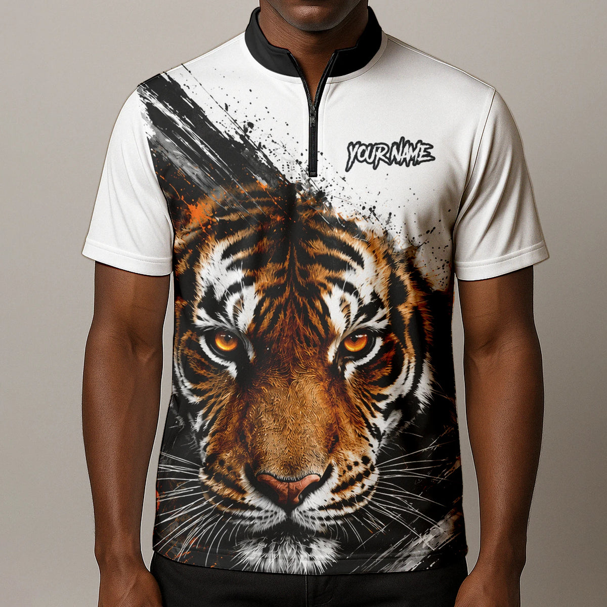 Personalisiertes Dartshirt mit weiß-schwarz-orangenem Tiger für Herren N832