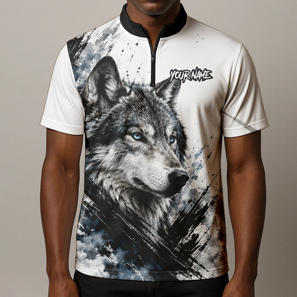 Personalisiertes Dartshirt mit weiß-schwarz-blauem Wolf für Herren P634