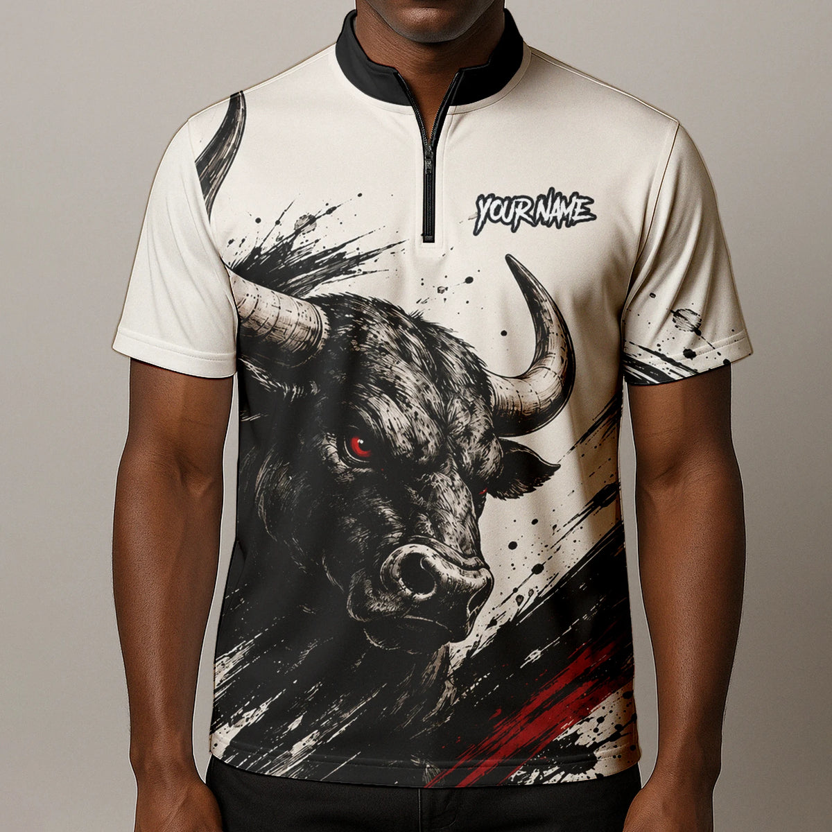 Personalisiertes Dartshirt mit weiß-schwarz-rotem Bullen für Herren H473