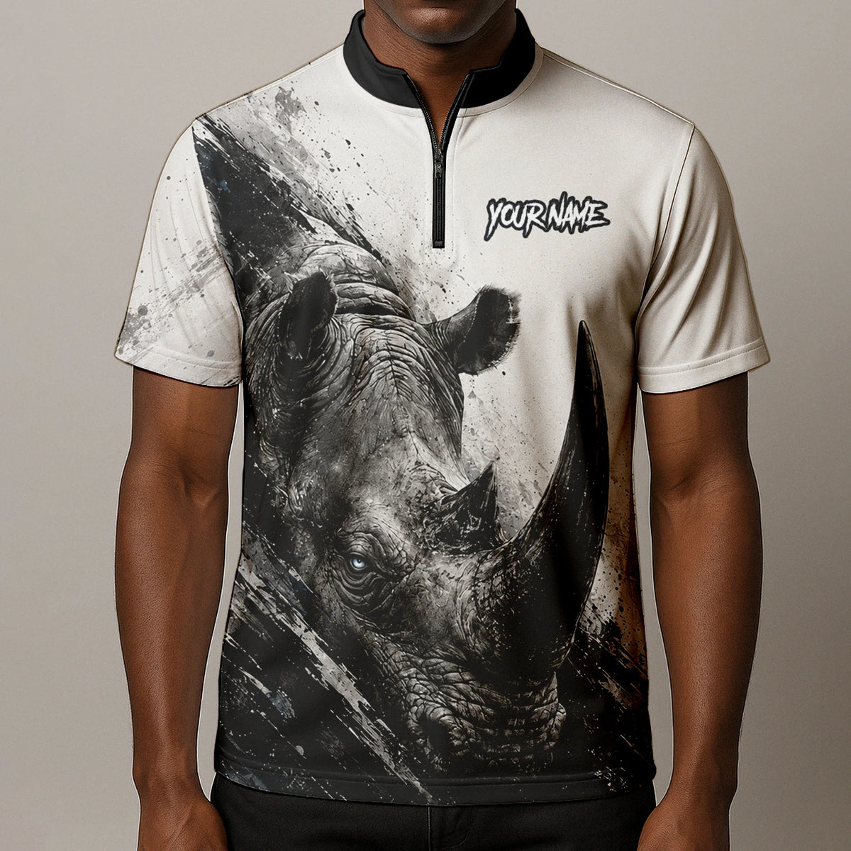 Personalisiertes Dartshirt mit weiß-schwarz-grauem Nashorn für Herren C312
