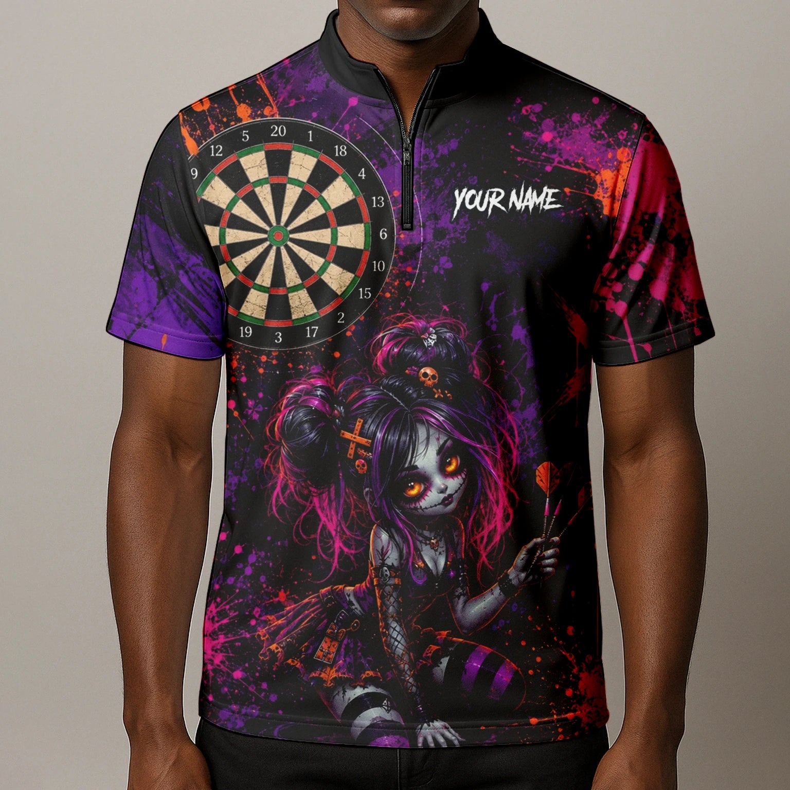 Personalisiertes Schwarz-lila-pink-oranges Gothic-Dartshirt für Herren Z641