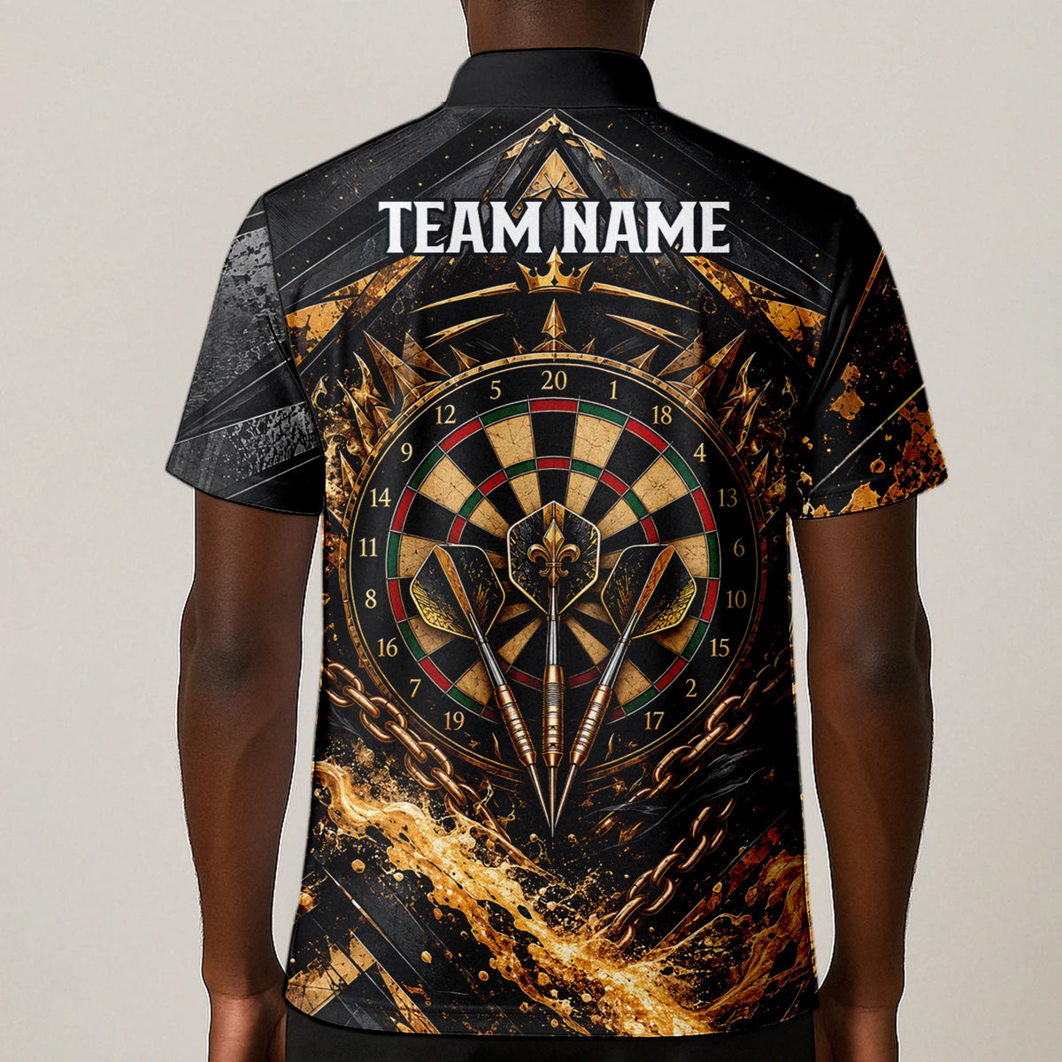 Personalisiertes Dartshirt in Schwarz und Gold mit Piraten-Totenkopf und Dartscheibe für Herren X7403