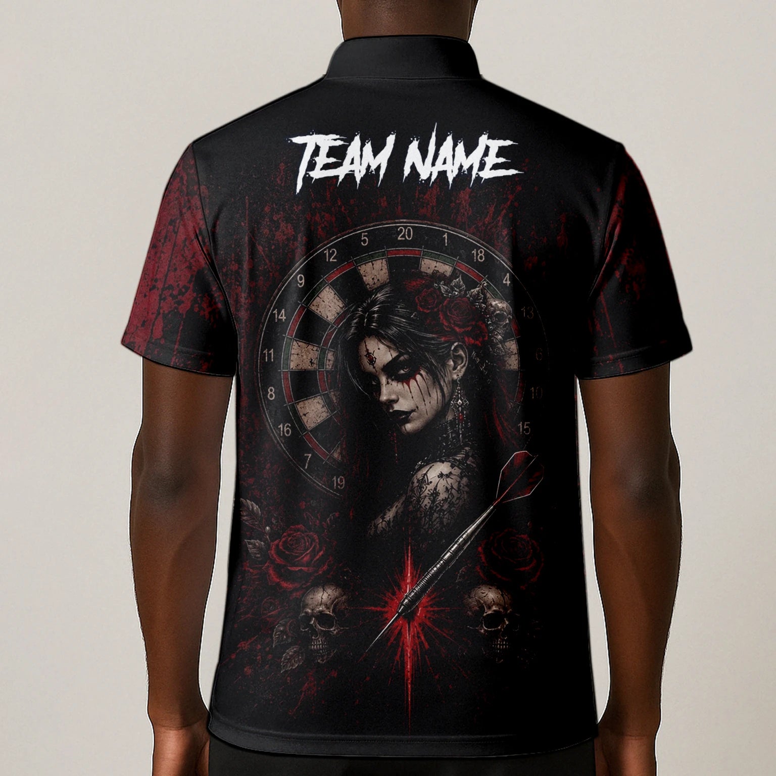 Personalisiertes Schwarz-rotes Gothic-Frauen-Totenkopf-Dartshirt für Herren W035