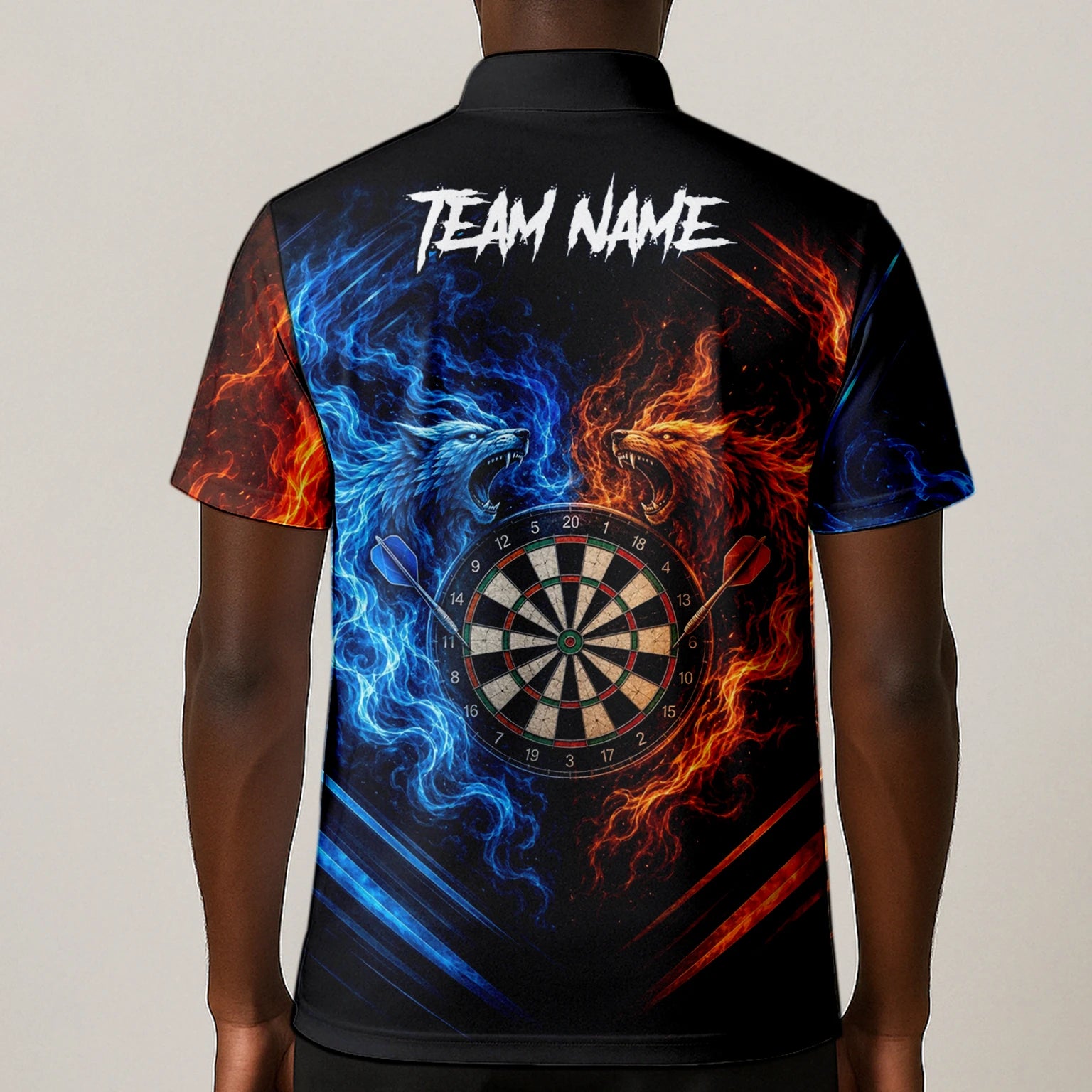 Personalisiertes Blau-oranges Wolf-Flammen-Dartboard Dartshirt für Herren A749
