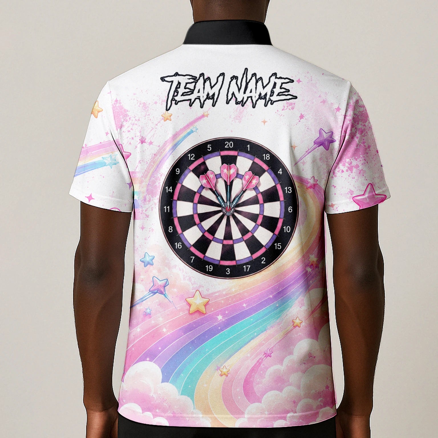 Personalisiertes Weiß-rosa Regenbogen-Einhorn-Dartshirt für Herren F188