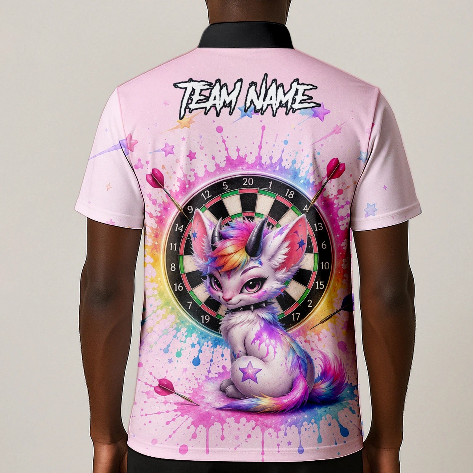 Personalisiertes Rosa Regenbogen Einhorn-Katzen-Dartshirt für Herren X398