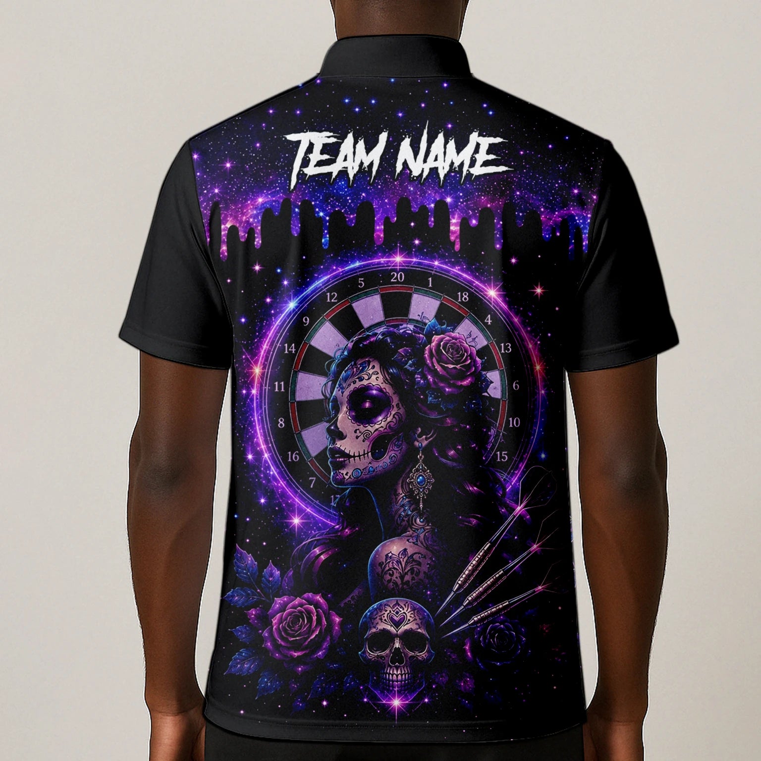 Personalisiertes Lila Galaxie Sugar-Skull-Dartshirt für Herren Z967