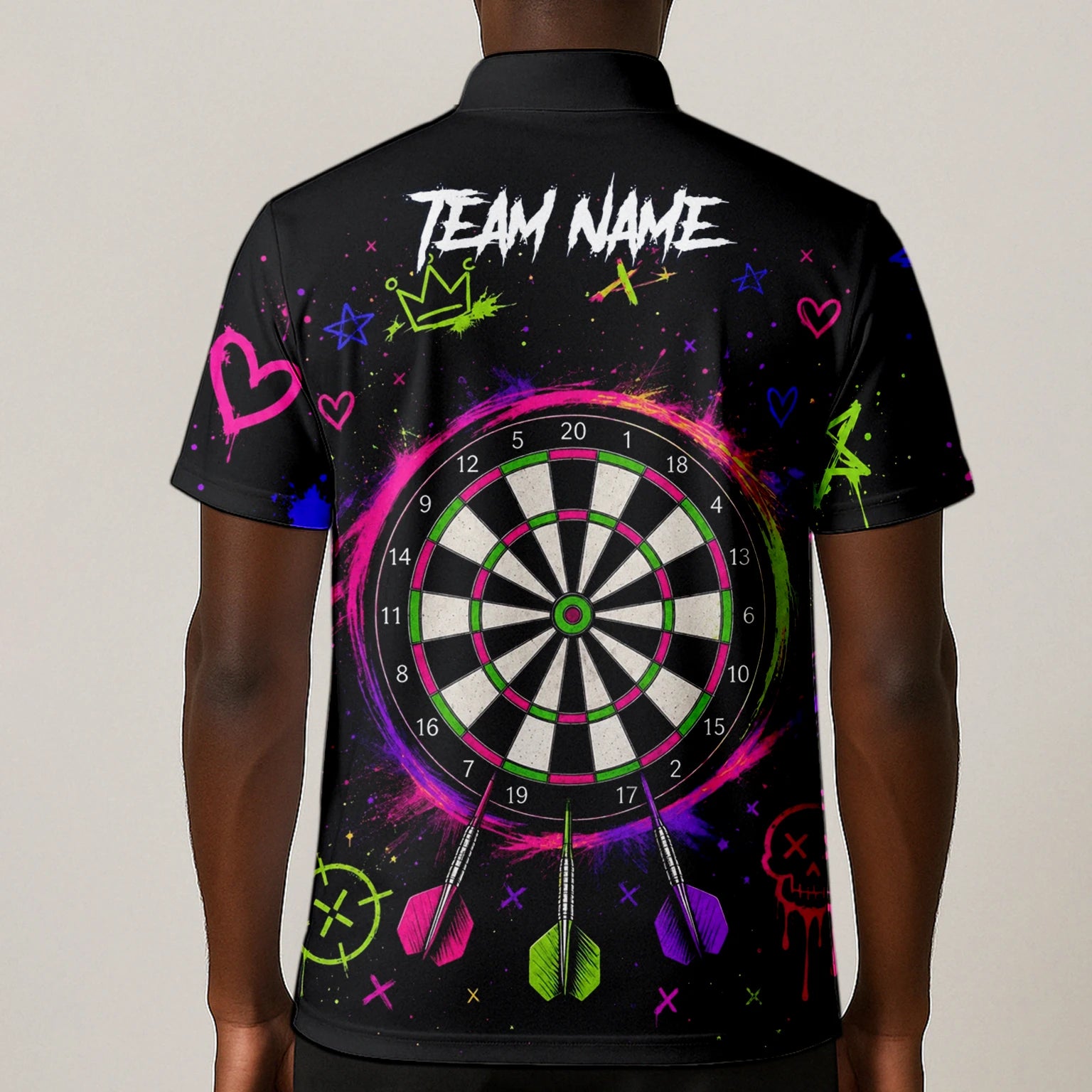 Personalisiertes Schwarz-neonfarbenes Sugar-Skull-Frauen-Dartshirt für Herren K745