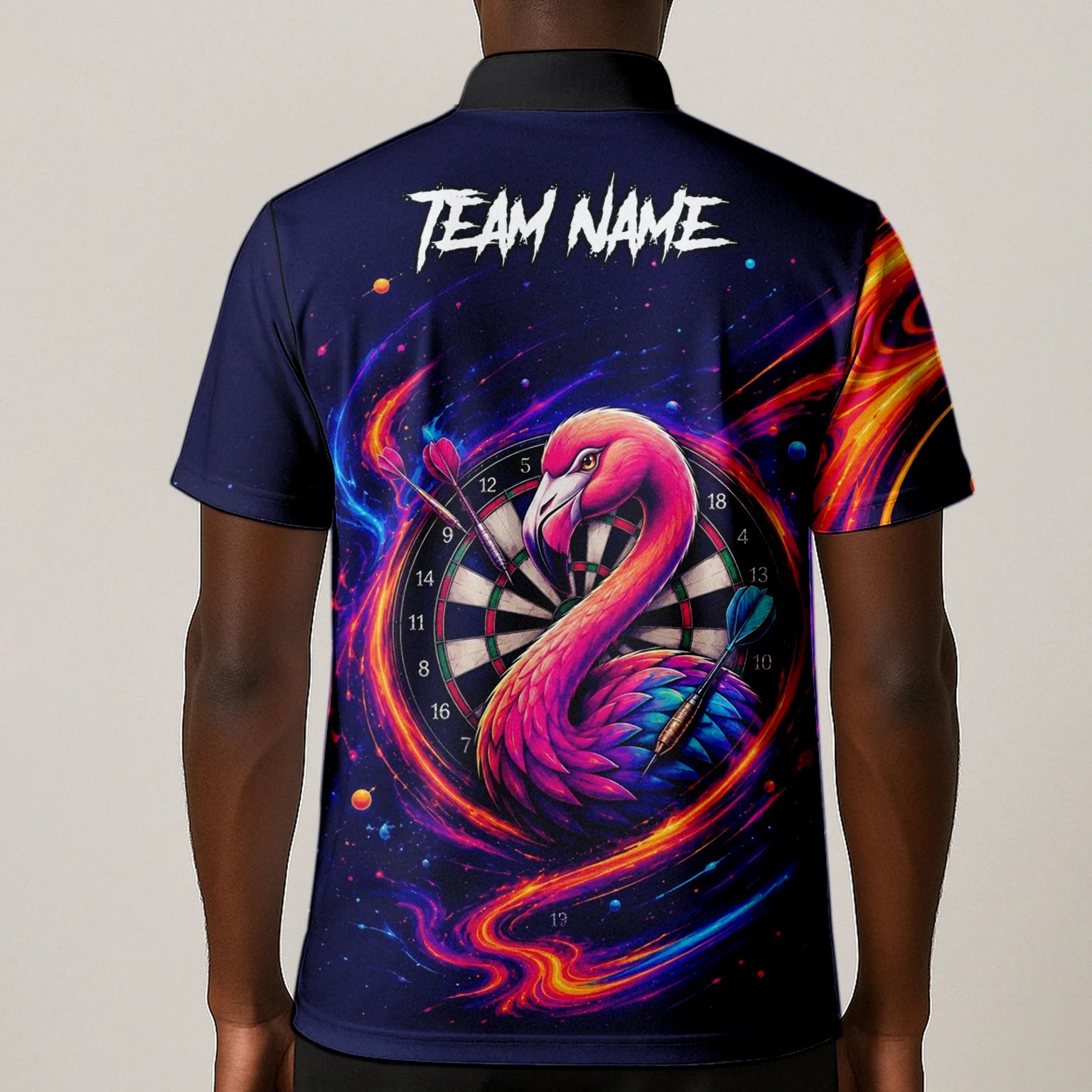 Personalisiertes Neon-Flamingo-Galaxie Dart Poloshirt für Herren D064
