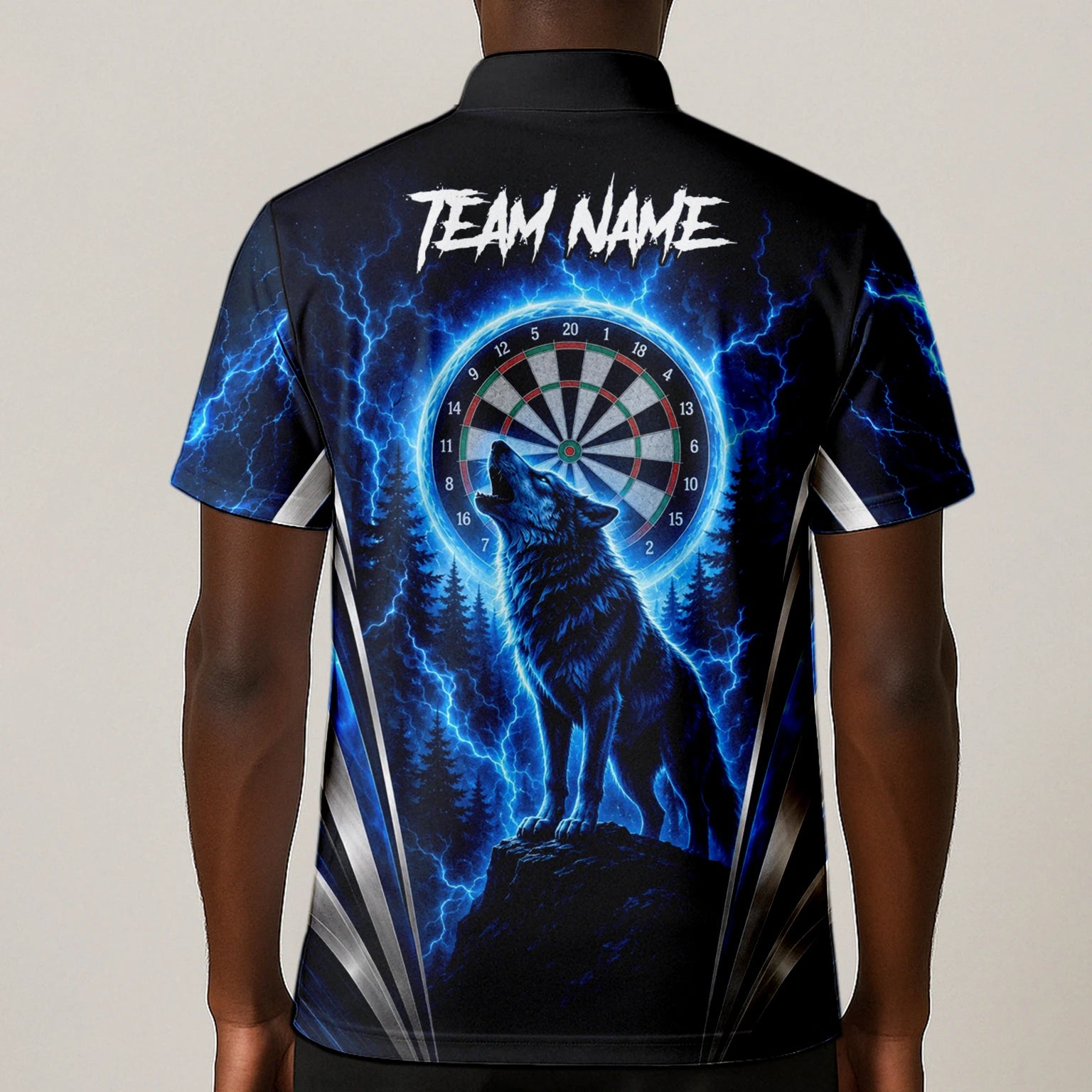 Personalisiertes Schwarz-blaues Wolf-Blitz-Dartshirt für Herren X929