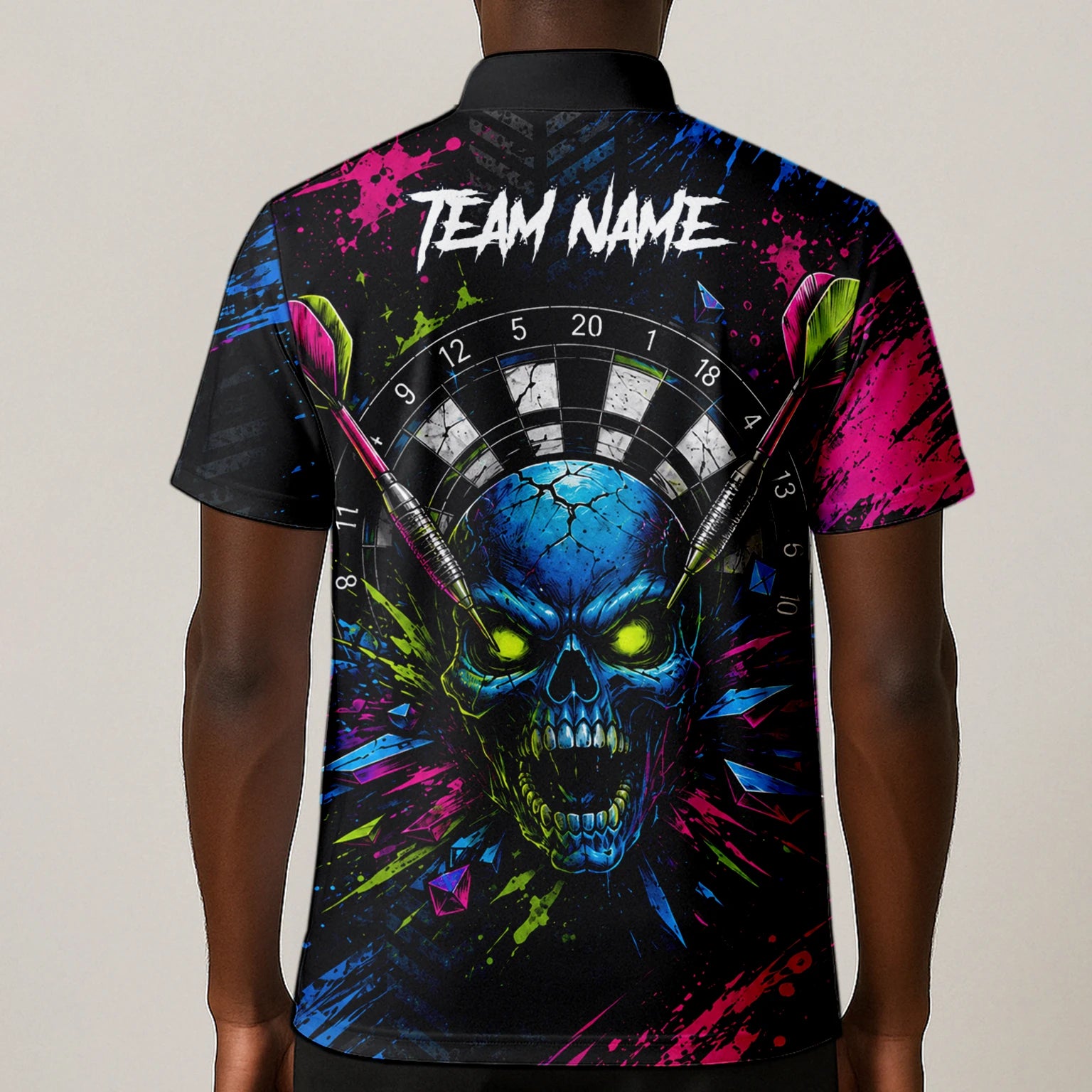 Personalisiertes Neonfarbenes Totenkopf-Dartboard Dartshirt für Herren S232