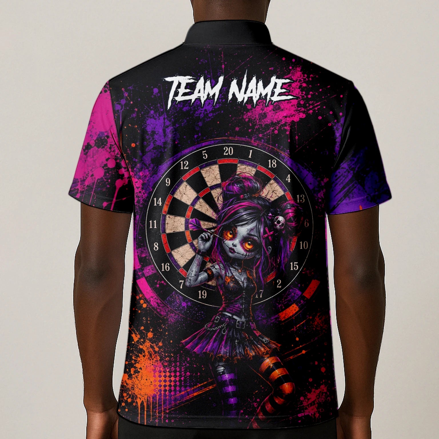 Personalisiertes Schwarz-lila-pink-oranges Gothic-Dartshirt für Herren Z641