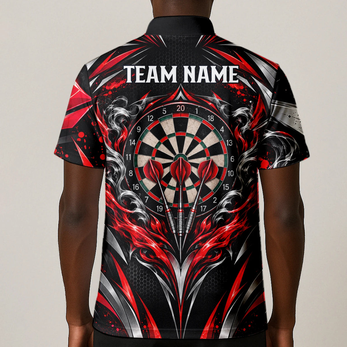 Personalisiertes Dartshirt in Schwarz, Rot und Silber mit geschwungenen Linien und Dartscheibe für Herren L9172