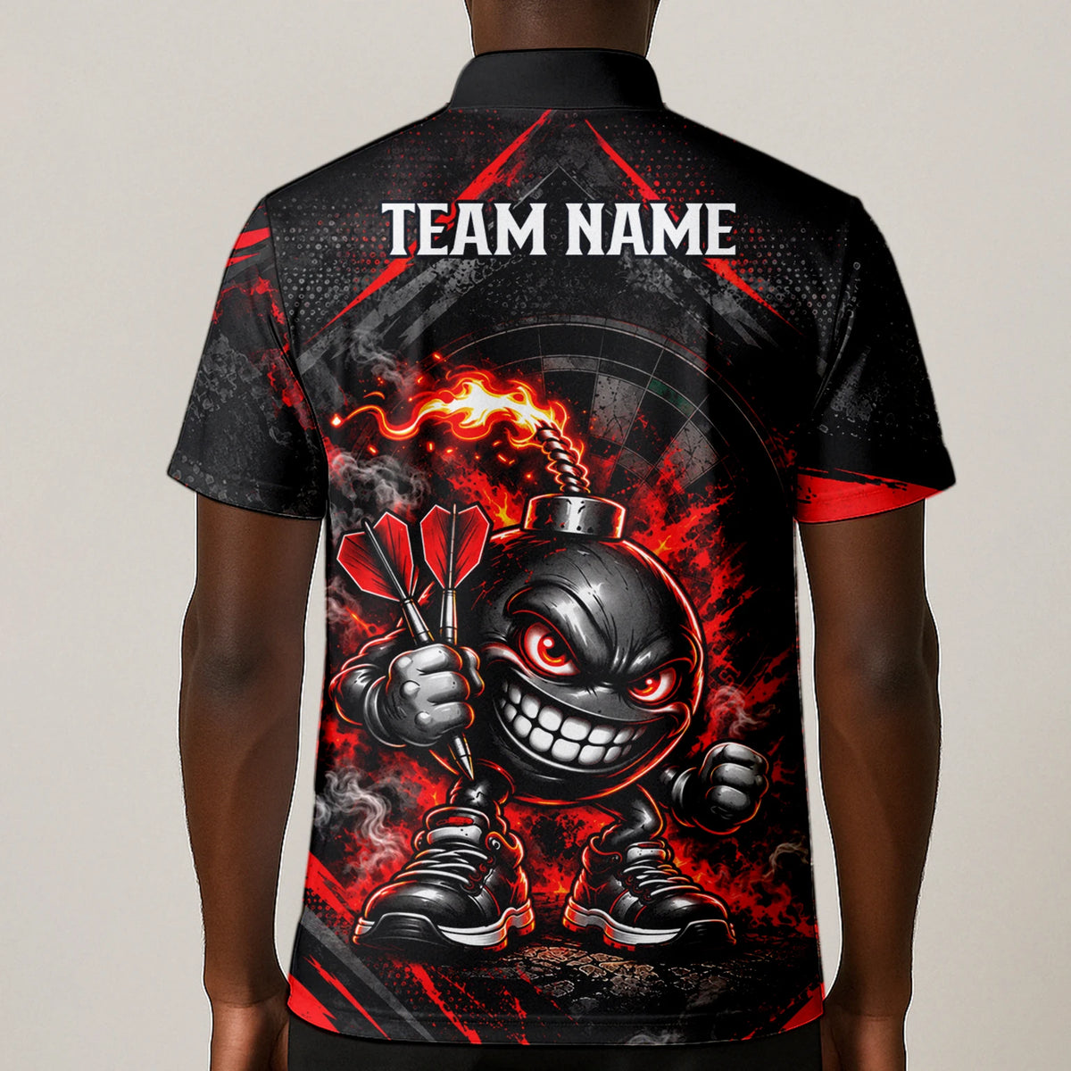 Personalisiertes Dartshirt in Schwarz und Rot mit feurigen Comic-Bomben und Dartscheibe für Herren U4656