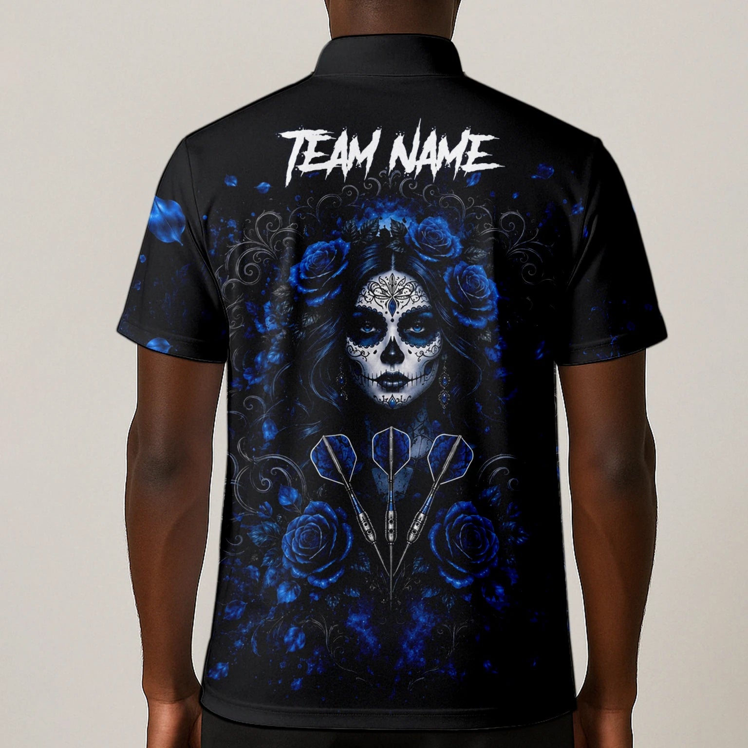 Personalisiertes Schwarz-blaues Sugar-Skull-Rosen-Dartshirt für Herren I884
