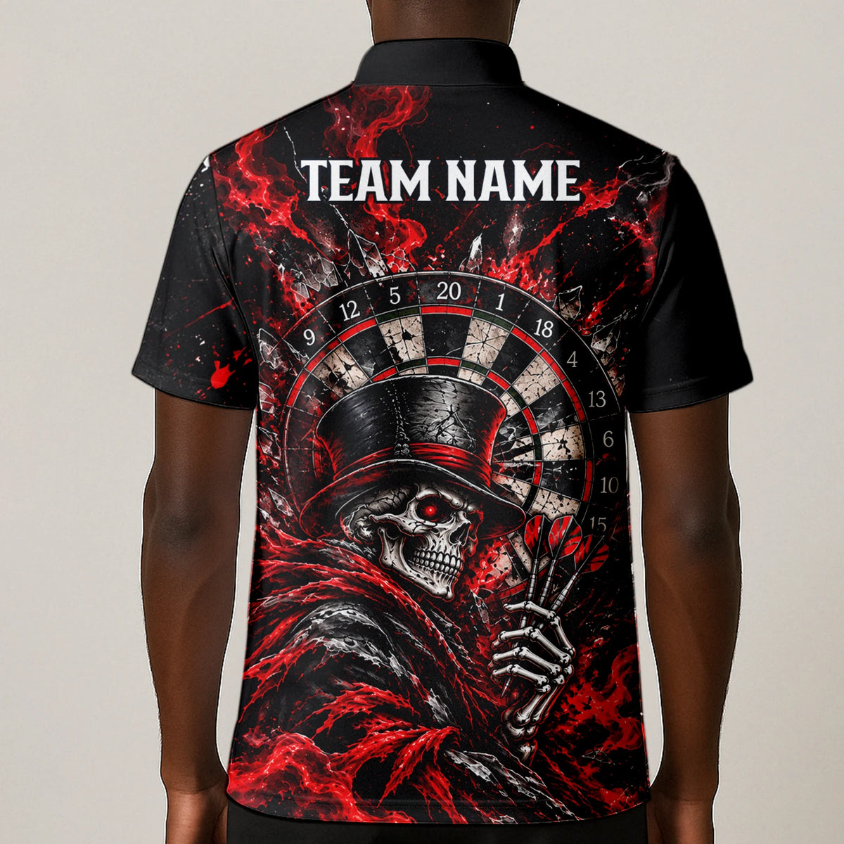 Personalisiertes Dartshirt in Schwarz und Rot mit Skelett, Zylinder, Dartpfeilen und Dartscheibe für Herren R5016