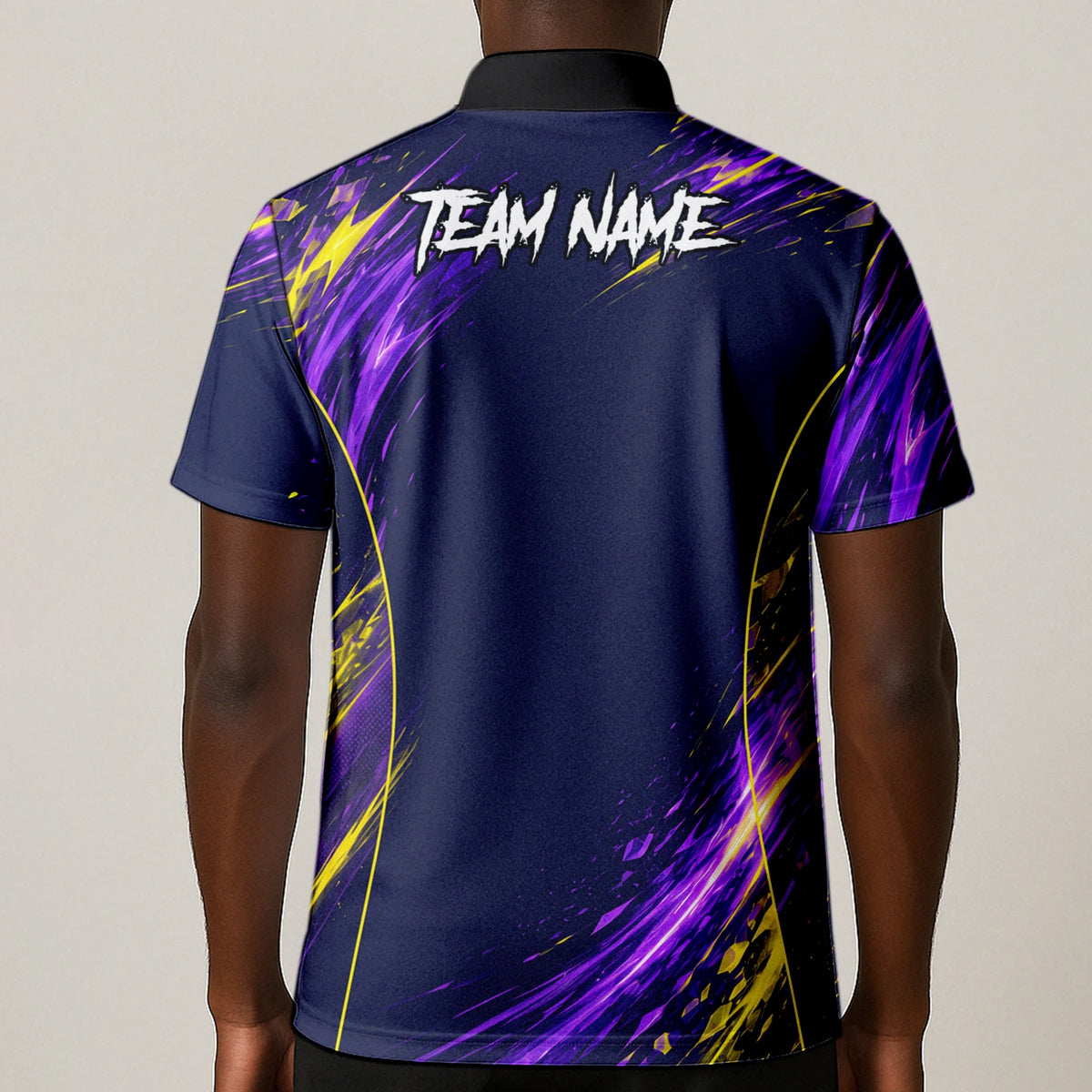 Personalisiertes Dartshirt mit dunkelblau-lila-gelbem abstraktem Design für Herren D517