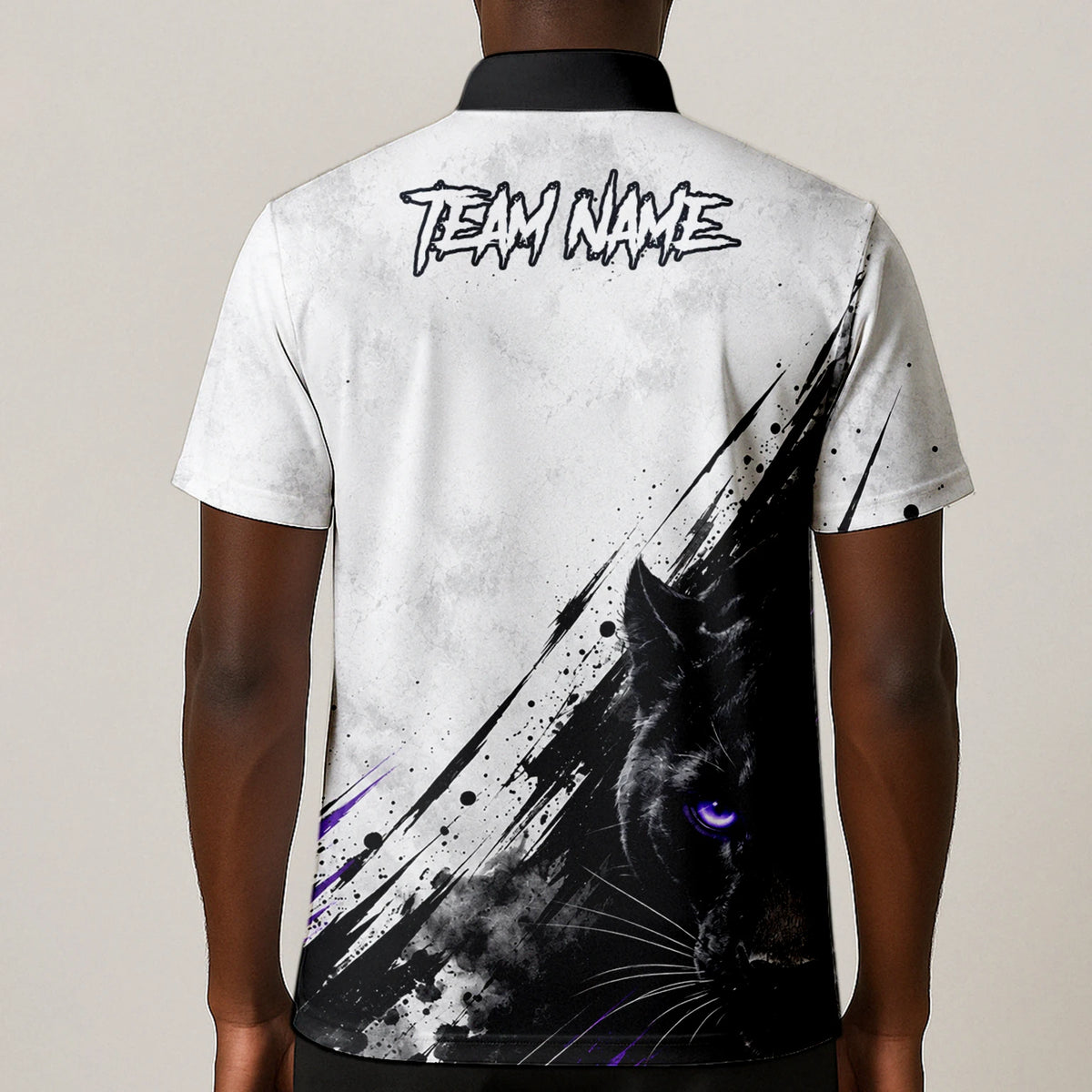 Personalisiertes Dartshirt mit weiß-schwarz-violettem Panther für Herren W442