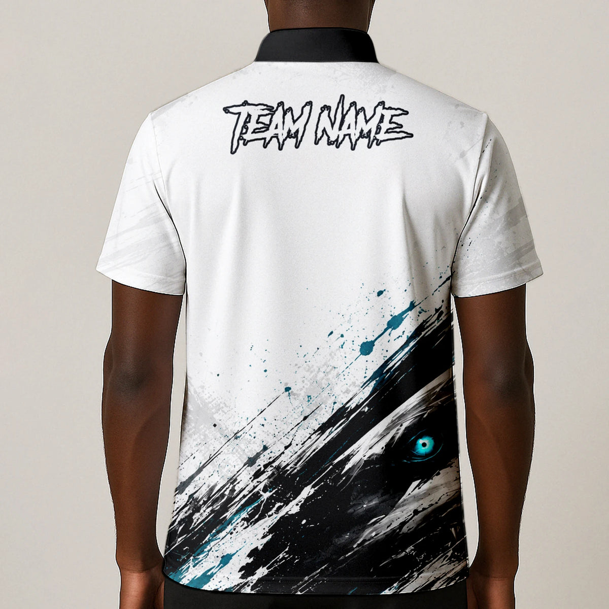 Personalisiertes Dartshirt mit weiß-schwarz-türkisem Hai für Herren D067