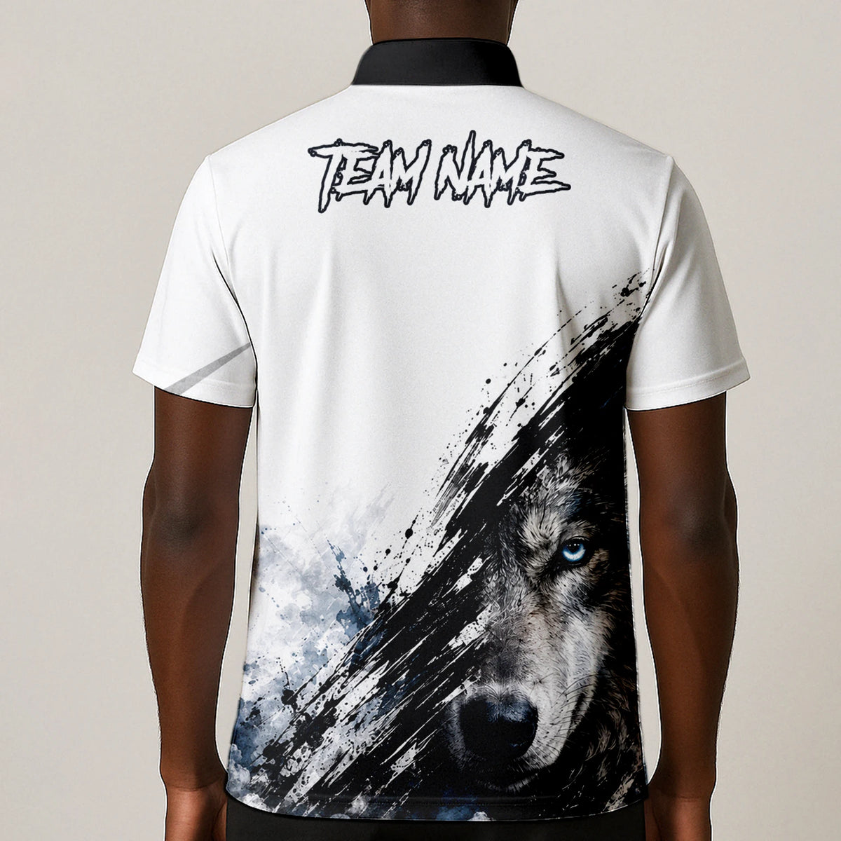 Personalisiertes Dartshirt mit weiß-schwarz-blauem Wolf für Herren P634