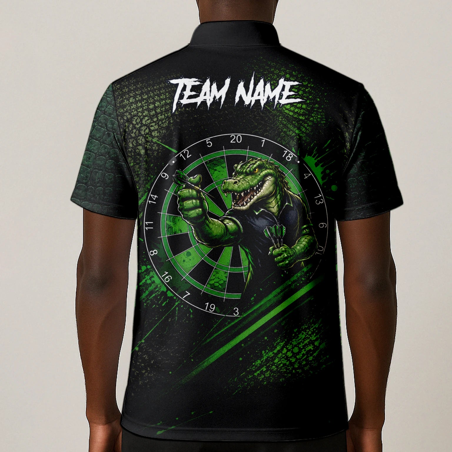 Personalisiertes Grün-schwarzes Alligator-Dartspieler-Dartshirt für Herren I987