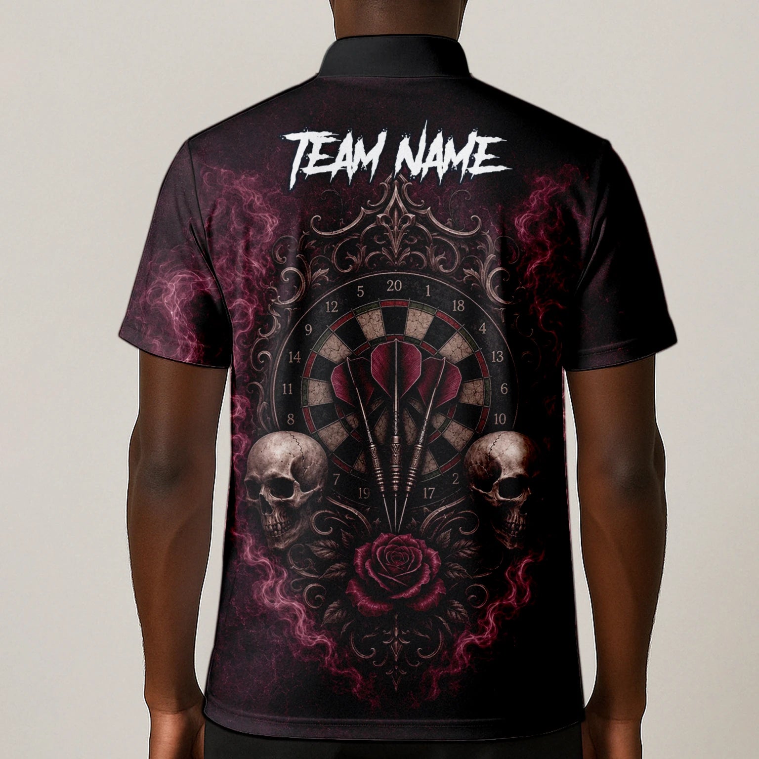Personalisiertes Dunkelrot-schwarzes Totenkopf-Rosen-Dartshirt für Herren U786