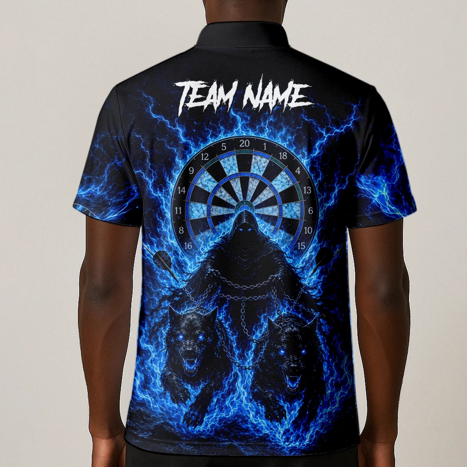 Personalisiertes Schwarz-blaues Sensenmann-und-Wölfe-Dartshirt für Herren X871