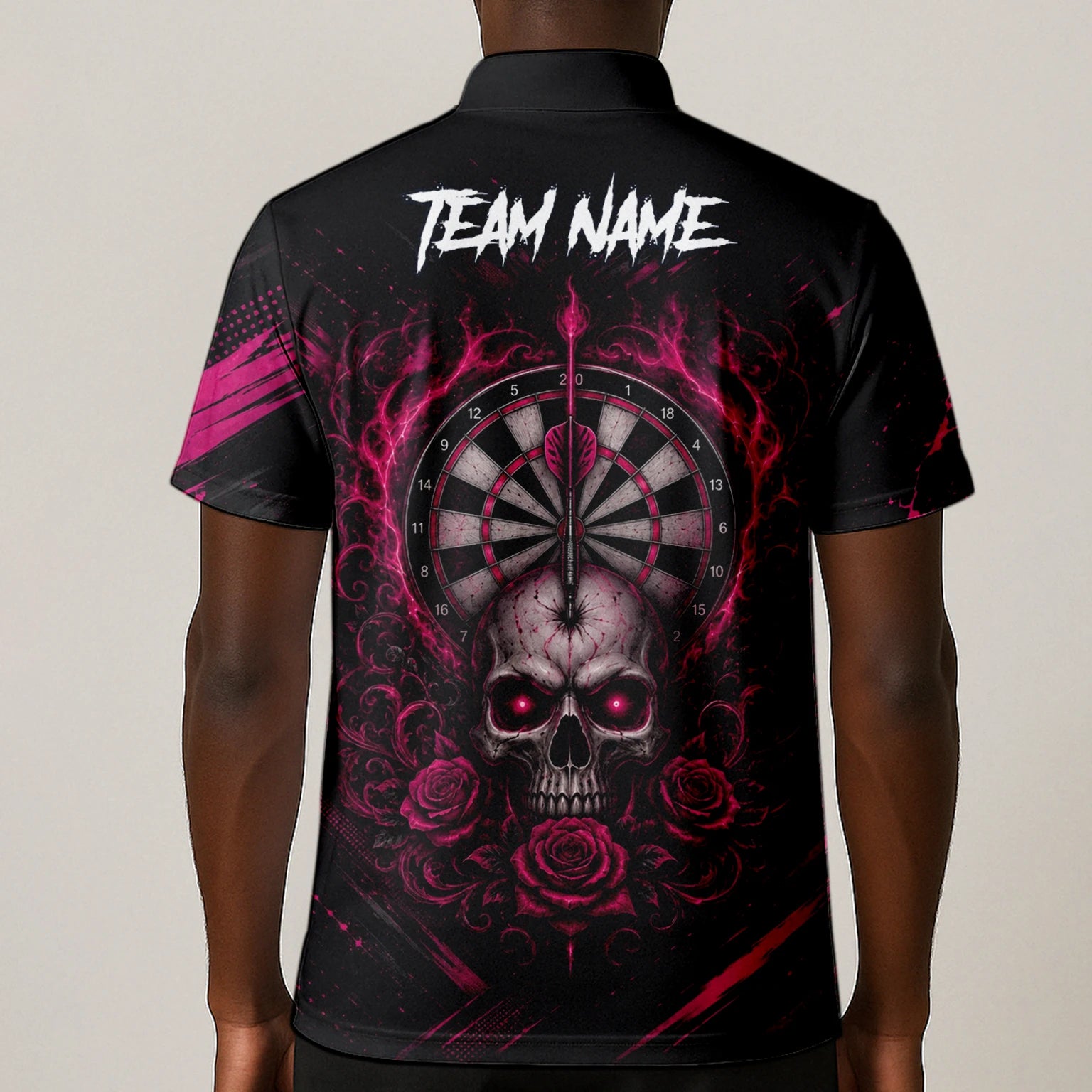 Personalisiertes Schwarz-pink Totenkopf-und-Rosen-Dartshirt für Herren V308