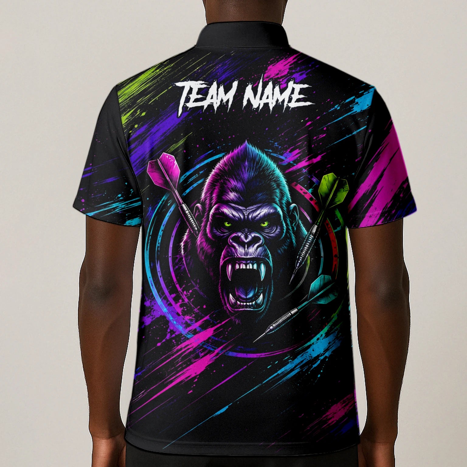 Personalisiertes Schwarz-pink-lila Gorilla-Dartshirt für Herren U874