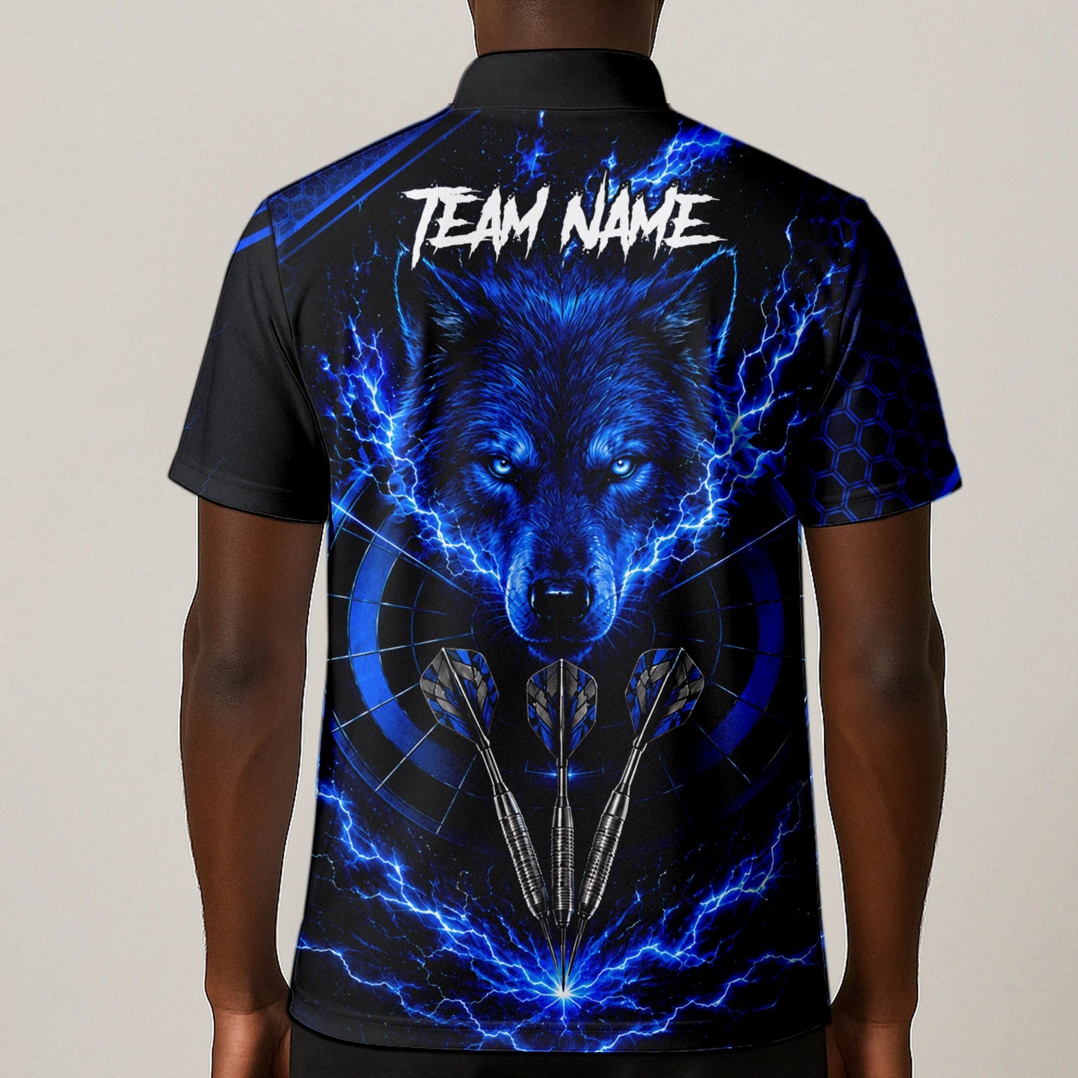 Personalisiertes Schwarz-blaues Wolf-Blitz-Dartshirt für Herren Y375