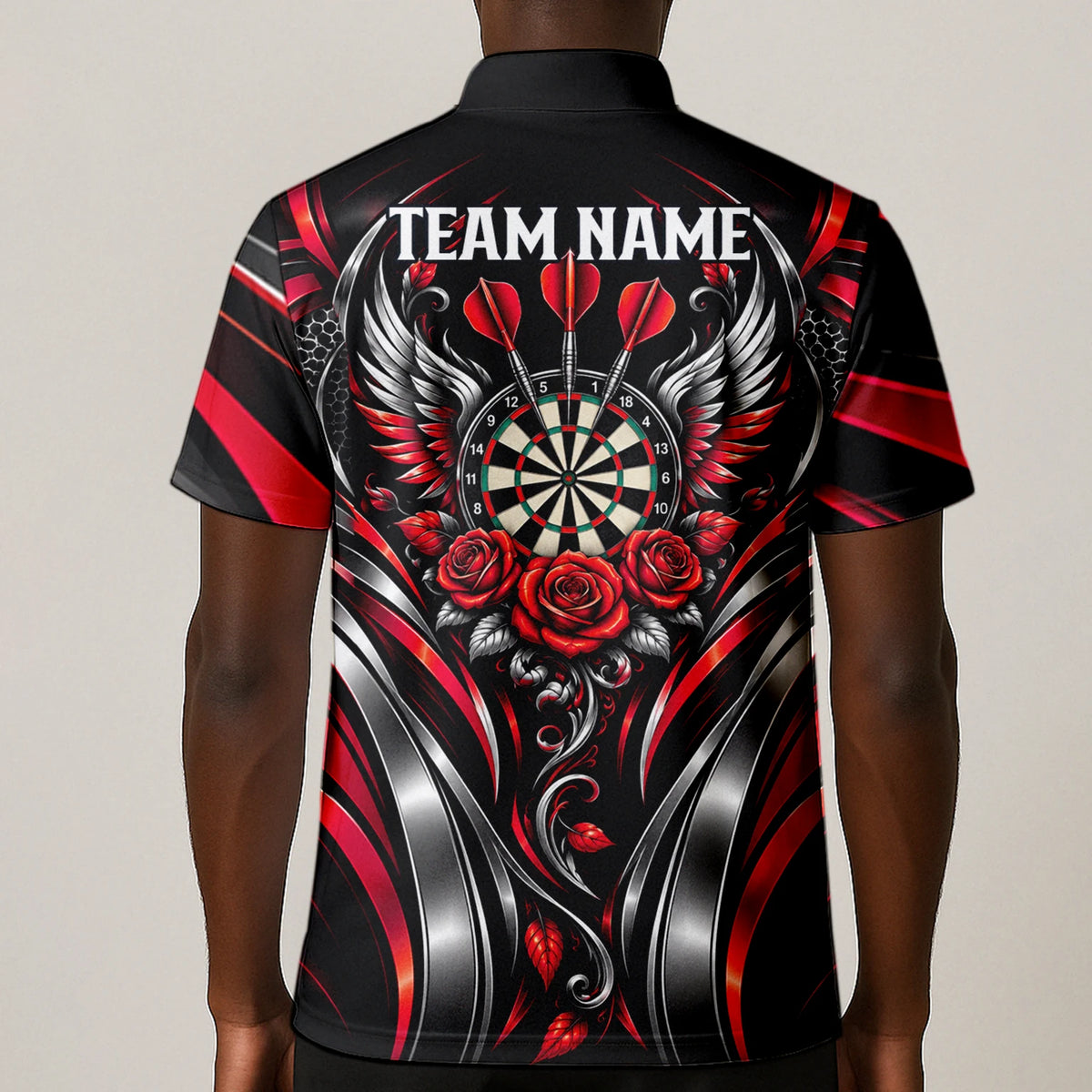 Personalisiertes Dartshirt in Schwarz, Rot und Silber mit Rosen, Flügeln und Dartscheibe für Herren Y2535