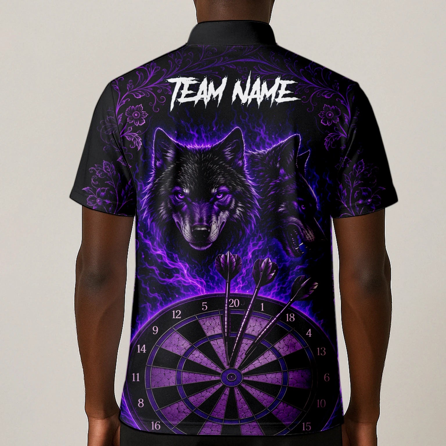 Personalisiertes Schwarz-lila Wolf-Dartboard Dartshirt für Herren J133