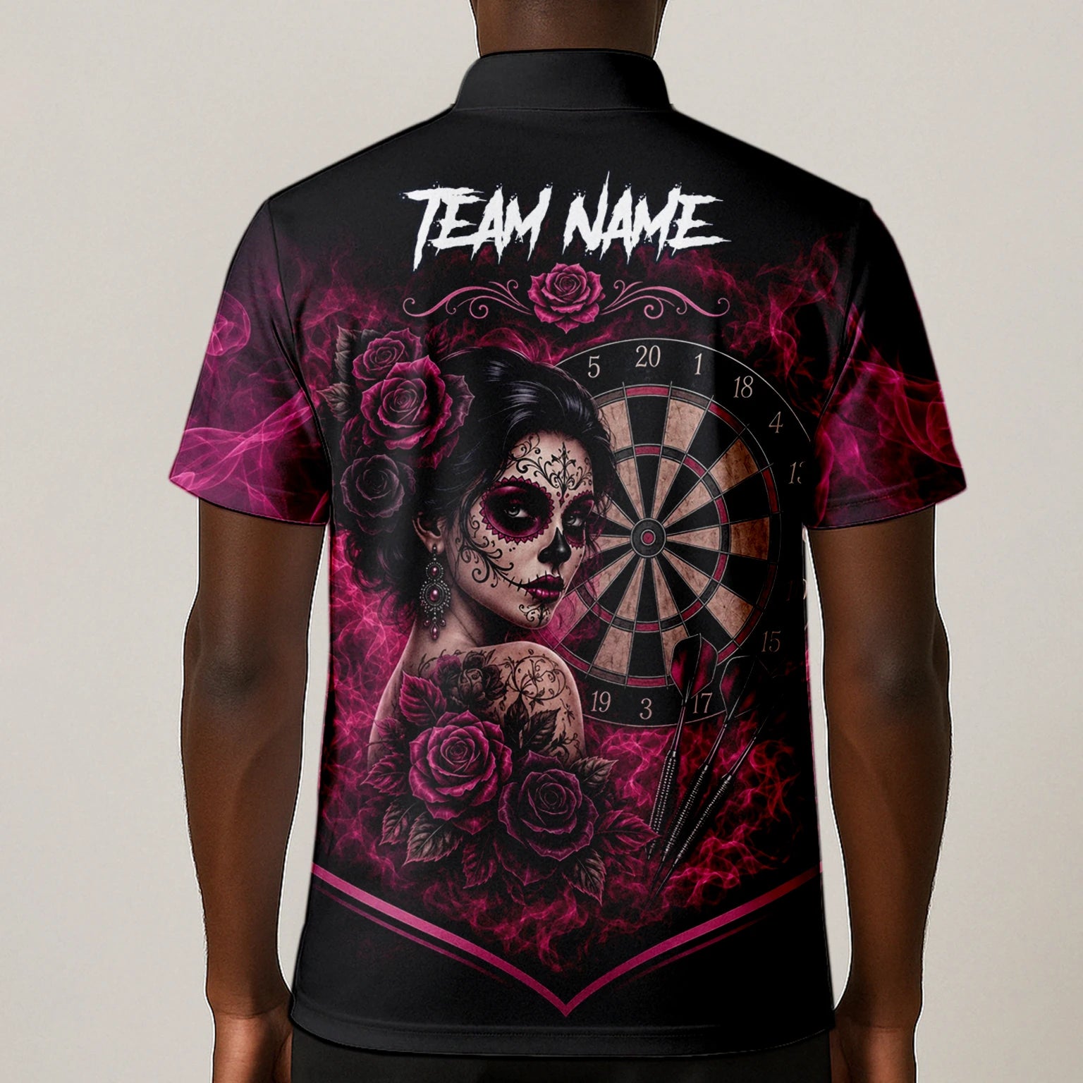 Personalisiertes Schwarz-pink Sugar-Skull-Rosen-Dartshirt für Herren Z109